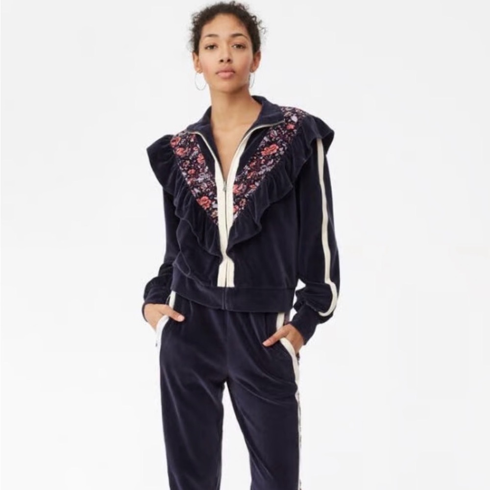 La Vie Rebecca Taylor Navy Floral Detail Ruffled Velour Tracksuit Sz xs / small​